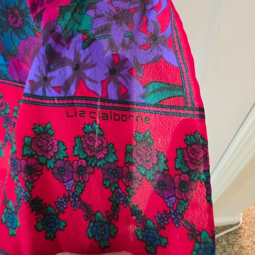 Liz Claiborne Red Silk Floral Scarf Pink Purple Teal Rectangular 10x52